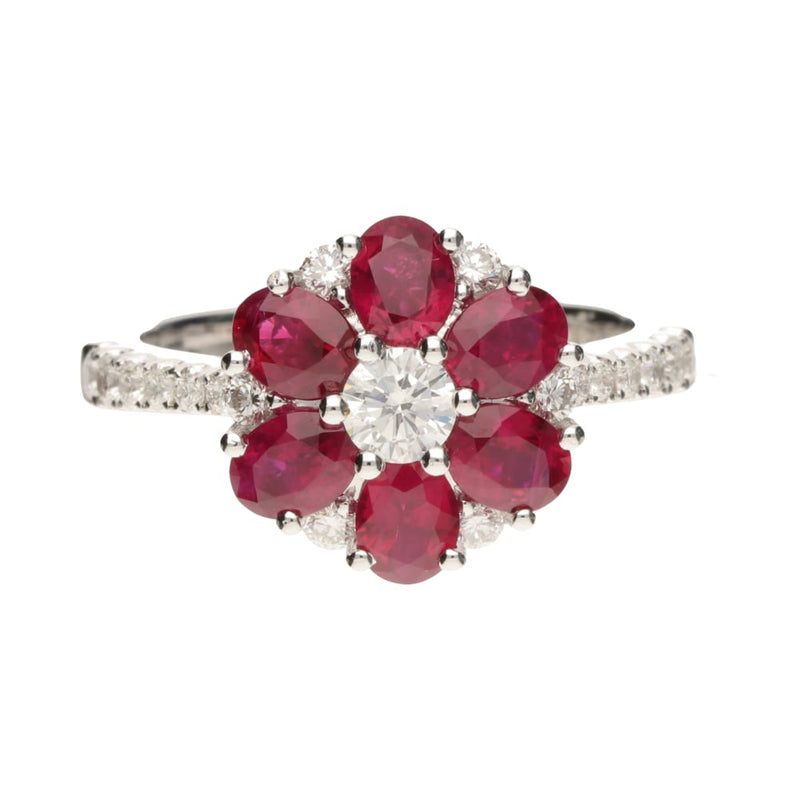 Pre - Owned 18ct White Gold Diamond & Ruby Flower Ring, Size M