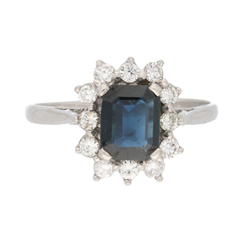 Pre - Owned 18ct White Gold Emerald Cut Sapphire & Diamond Cluster Ring