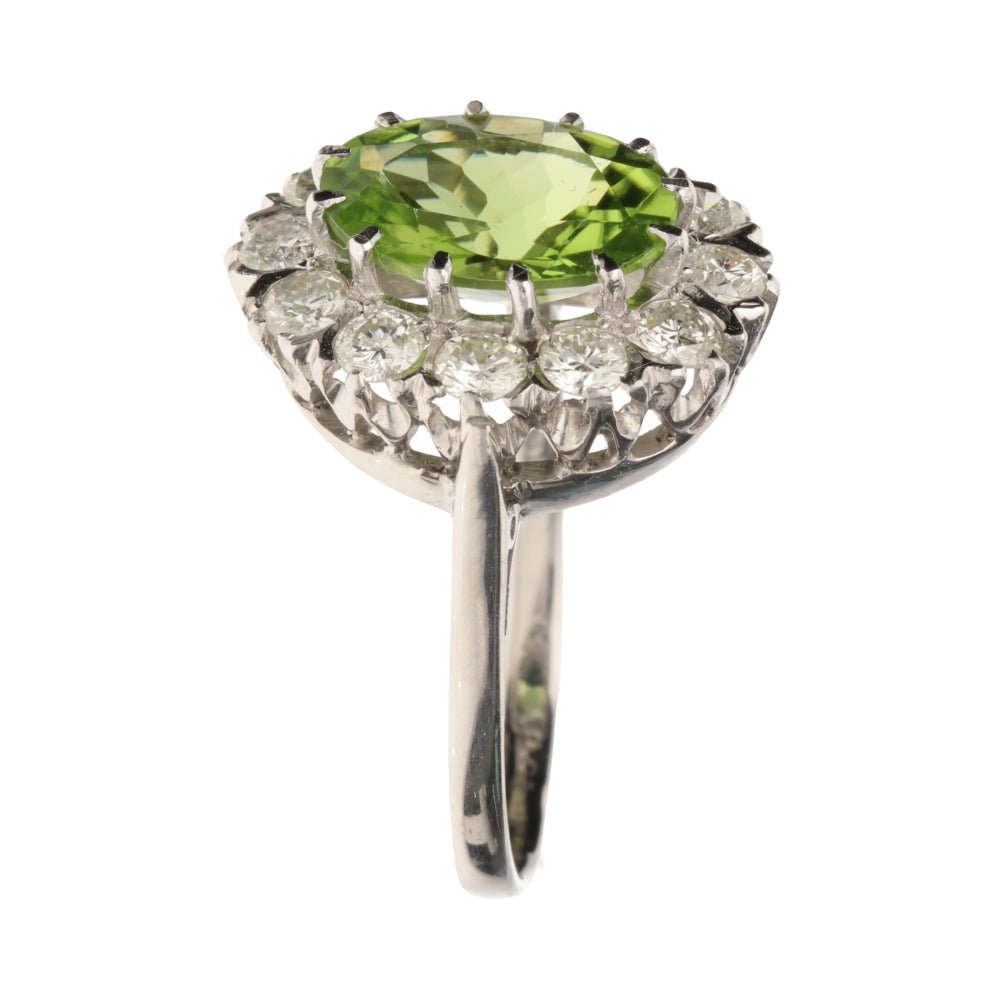 Pre - Owned 18ct White Gold Large Oval Peridot & Diamond Cluster Ring