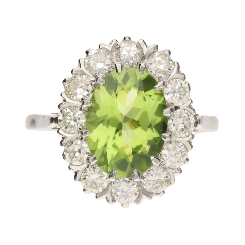 Pre - Owned 18ct White Gold Large Oval Peridot & Diamond Cluster Ring