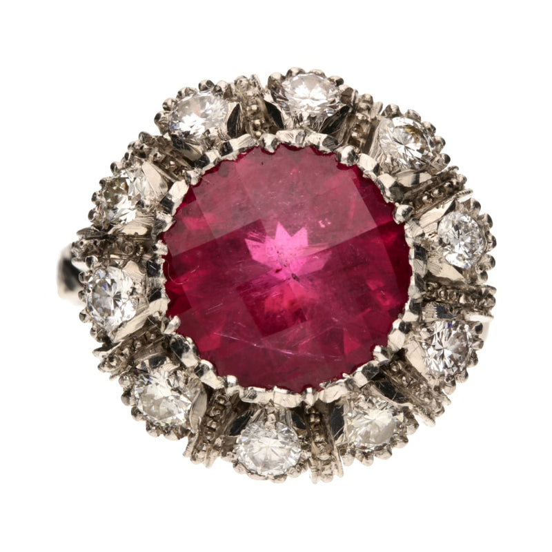 Pre - Owned 18ct White Gold Pink Tourmaline & Diamond Set Ornate Cluster Ring.