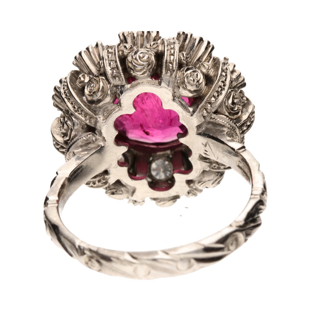 Pre - Owned 18ct White Gold Pink Tourmaline & Diamond Set Ornate Cluster Ring.