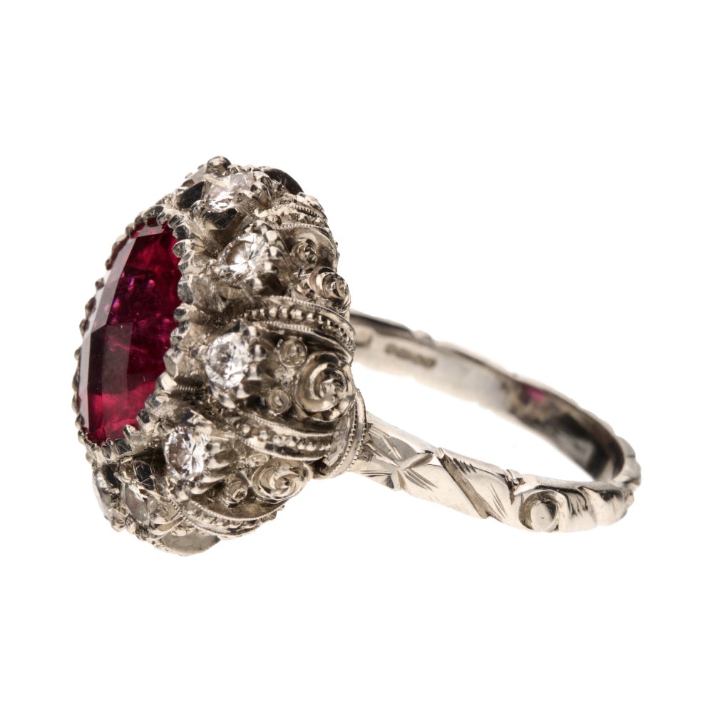 Pre - Owned 18ct White Gold Pink Tourmaline & Diamond Set Ornate Cluster Ring.