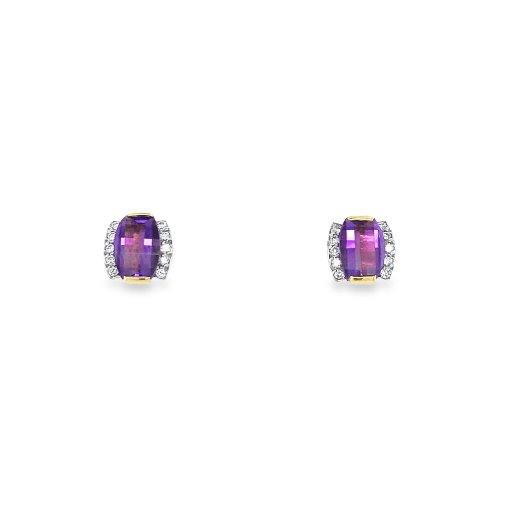 Pre - Owned 18ct Yellow Gold Amethyst & Diamond Cluster Stud Earrings