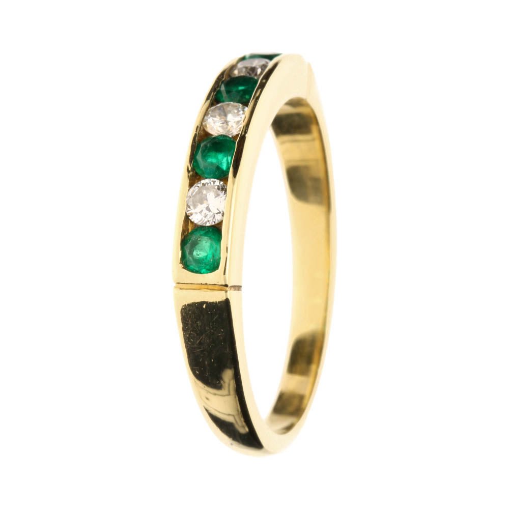 Pre - Owned 18ct Yellow Gold Emerald & Diamond Channel Set Half Eternity Ring