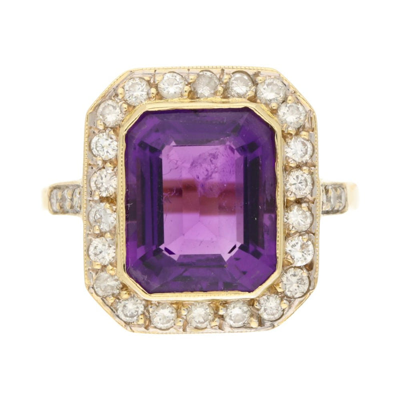 Pre - Owned 18ct Yellow Gold Octagonal Amethyst & Diamond Vintage Cluster Ring