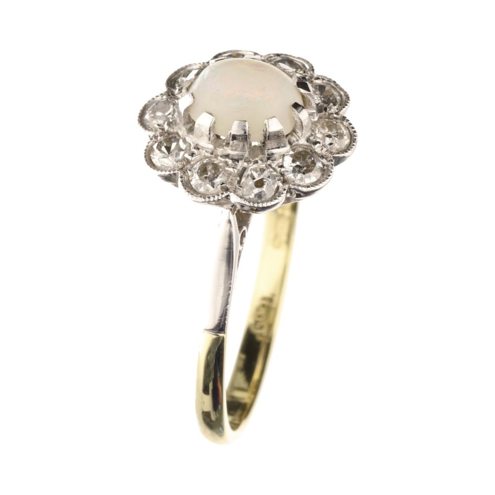 Pre - Owned 18ct Yellow Gold Oval Cabachon Opal & Diamond Flower Cluster Ring