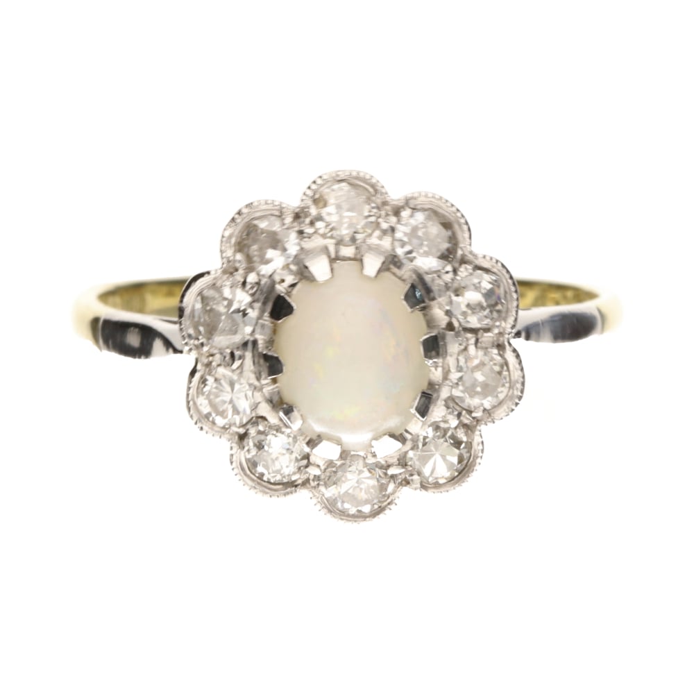 Pre - Owned 18ct Yellow Gold Oval Cabachon Opal & Diamond Flower Cluster Ring