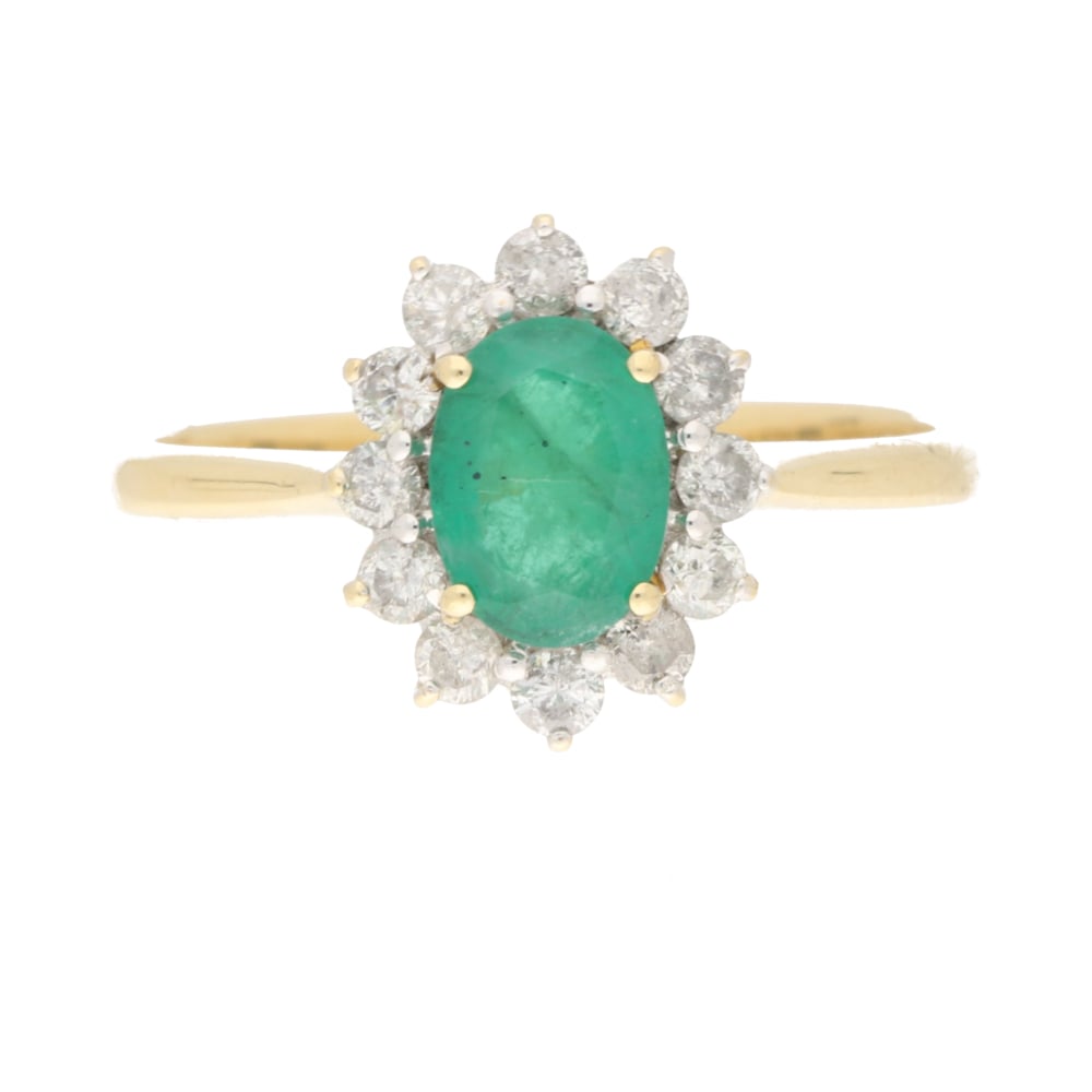 Pre - Owned 18ct Yellow Gold Oval Cut Emerald & Diamond Set Cluster Ring