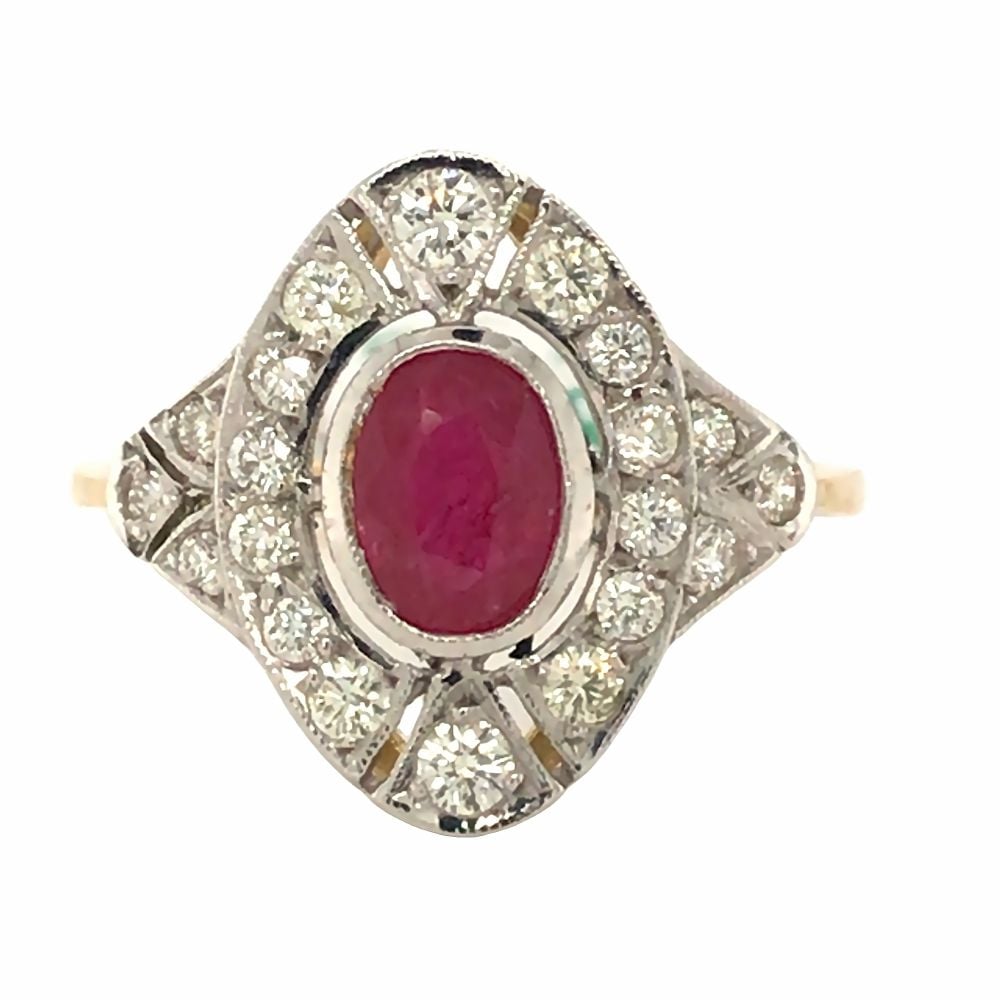 Pre - Owned 18ct Yellow Gold Ruby & Diamond Art Deco Ring.