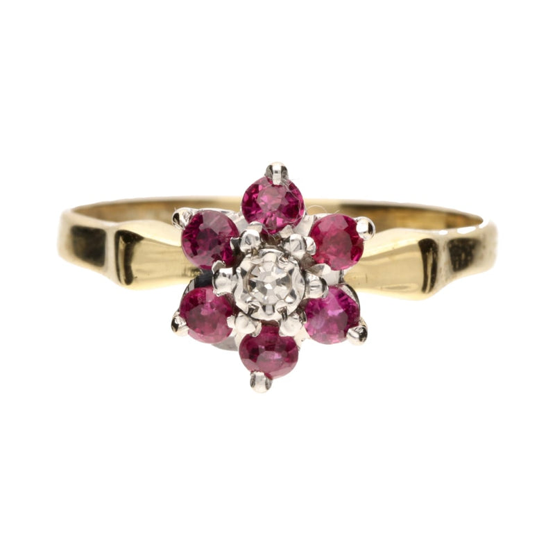 Pre - Owned 18ct Yellow Gold Ruby & Diamond Flower Cluster Ring