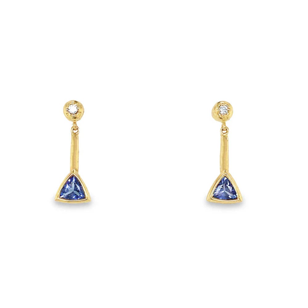 Pre - Owned 18ct Yellow Gold Trillion Cut Tanzanite & Diamond Set Drop Earrings