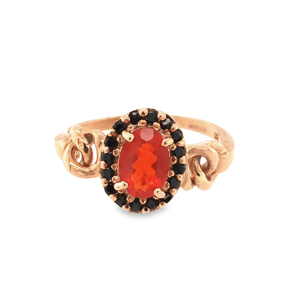 Pre - Owned 9ct Rose Gold Fire Opal &Black Diamond Halo Ring