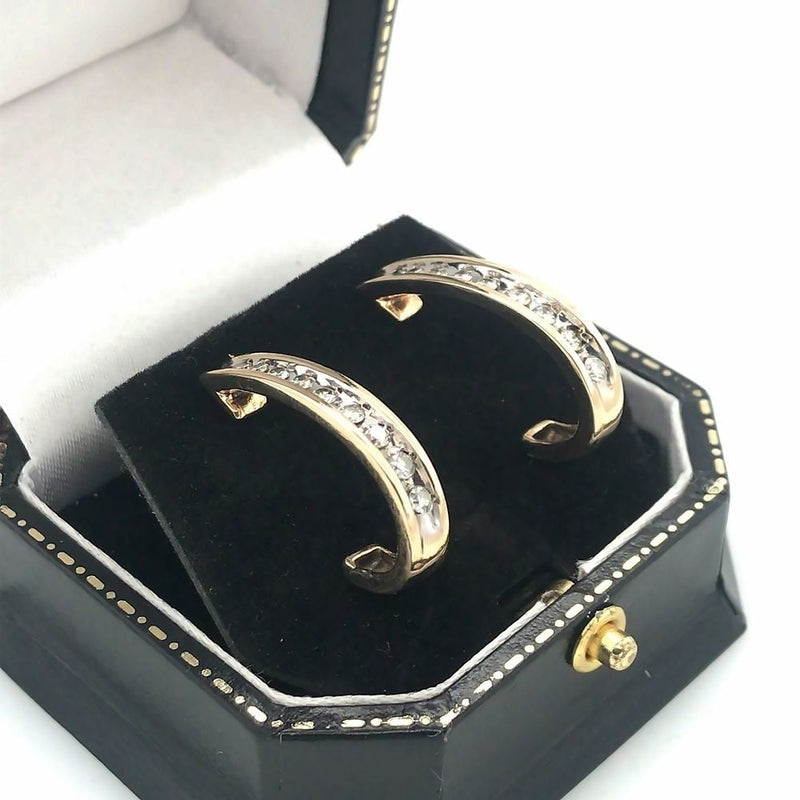 Pre - Owned 9ct Yellow & White Gold Diamond Set Hoop Earrings