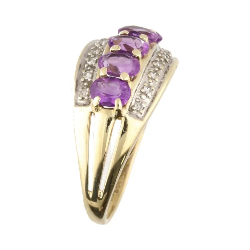 Pre - Owned 9ct Yellow Gold 5 Stone Oval Cut Amethyst & Diamond Set Ring2025W11-7-7