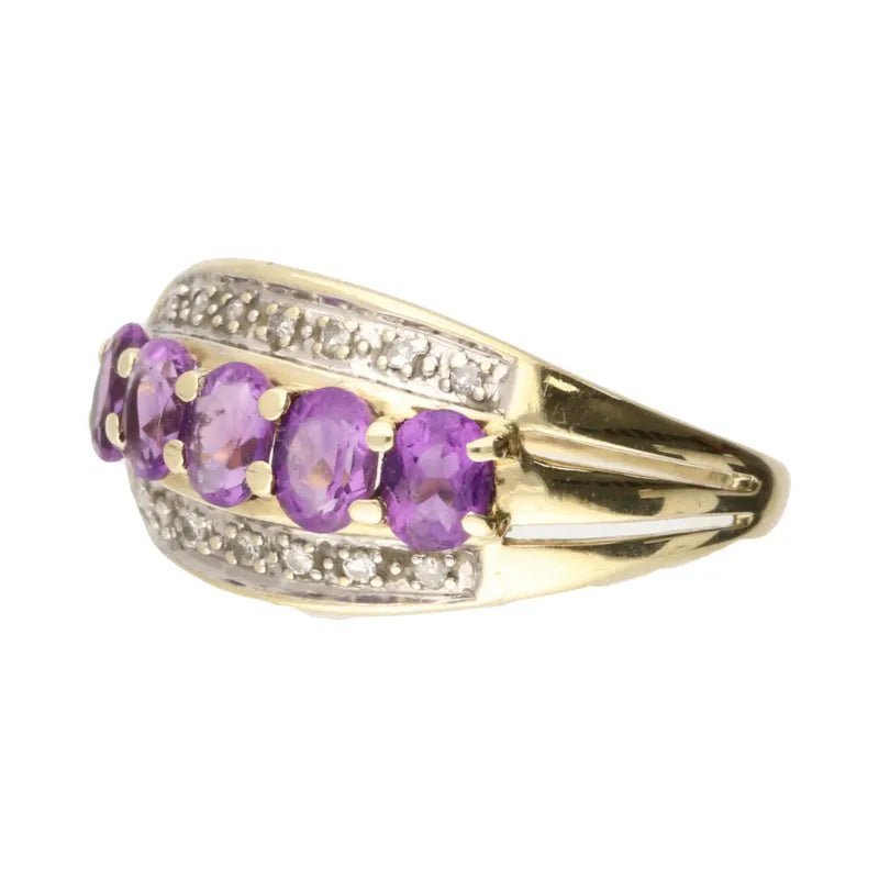 Pre - Owned 9ct Yellow Gold 5 Stone Oval Cut Amethyst & Diamond Set Ring2025W11-7-7