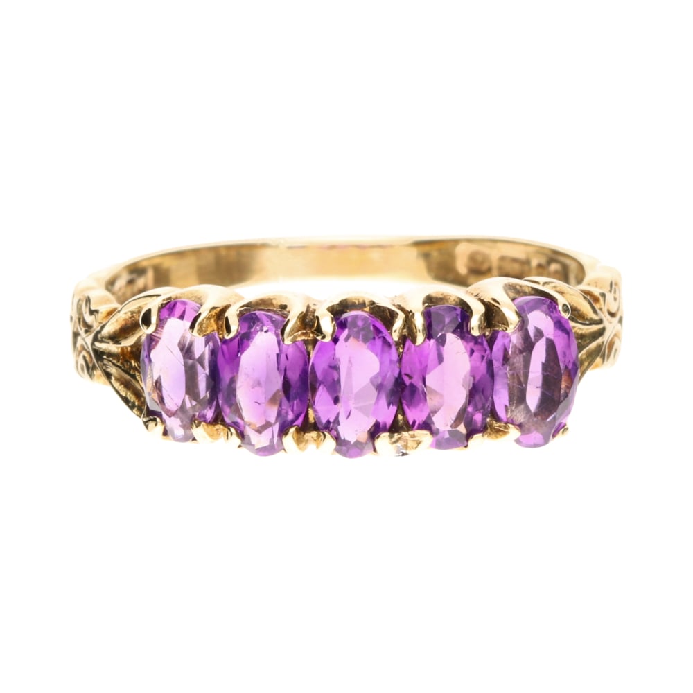 Pre - Owned 9ct Yellow Gold 5 Stove Oval Cut Amethyst Ring
