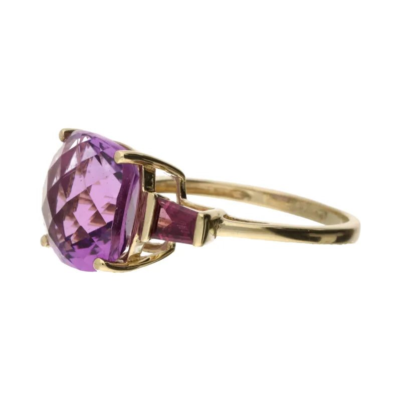 Pre - Owned 9ct Yellow Gold Cushion Cut Amethyst & Baugette Cut Pink Sapphire Ring2025W11-6-7