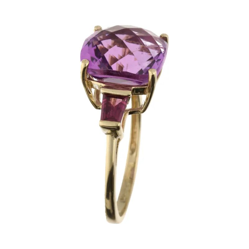 Pre - Owned 9ct Yellow Gold Cushion Cut Amethyst & Baugette Cut Pink Sapphire Ring2025W11-6-7