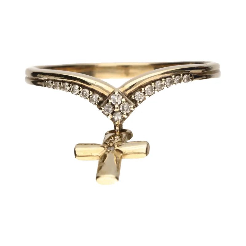 Pre - Owned 9ct Yellow Gold Diamond Dangle Cross Wishbone Ring270899