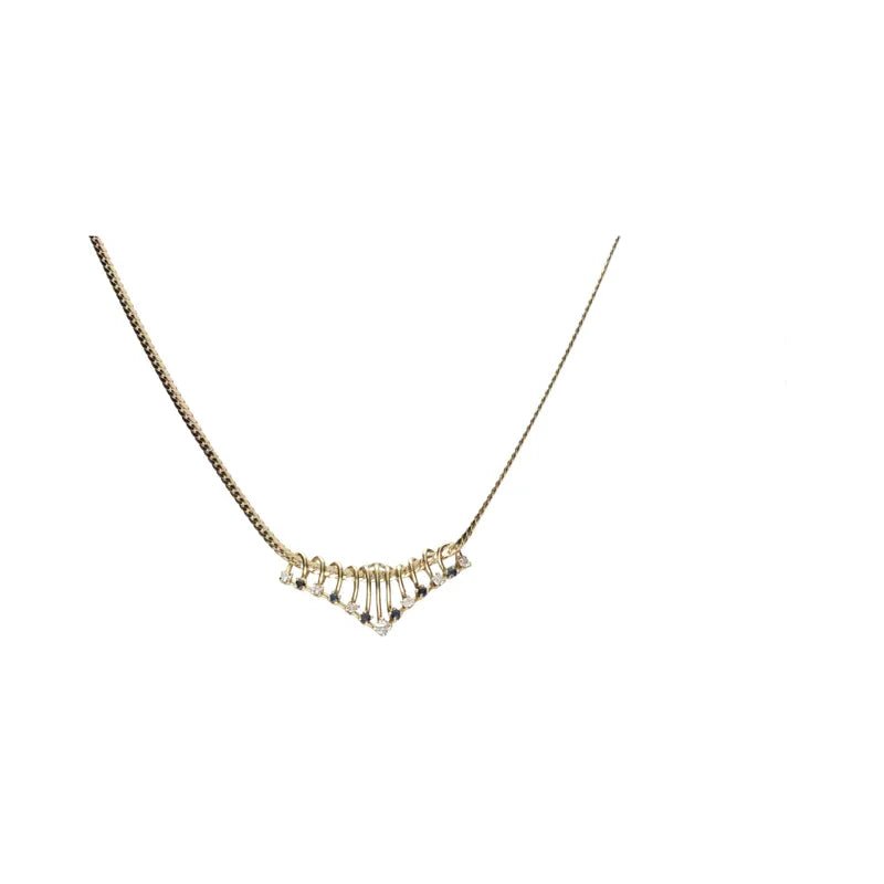 Pre - Owned 9ct Yellow Gold Diamond & Sapphire Set V Necklace