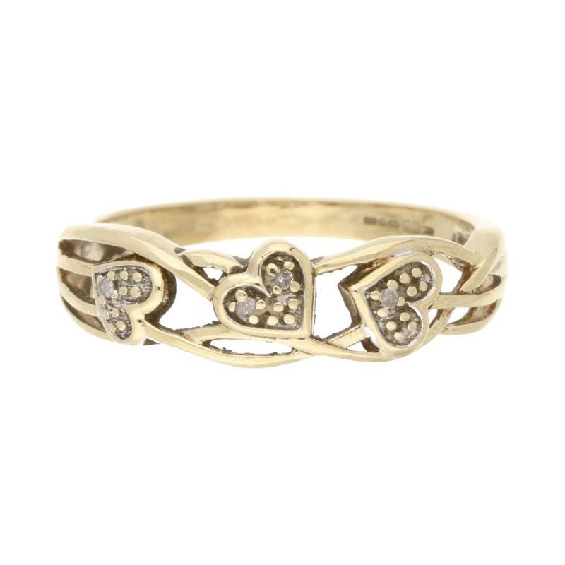 Pre - Owned 9ct Yellow Gold Diamond Set Triple Heart Ring