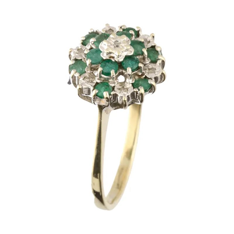 Pre - Owned 9ct Yellow Gold Emerald & Diamond Cluster Ring2025W16-17