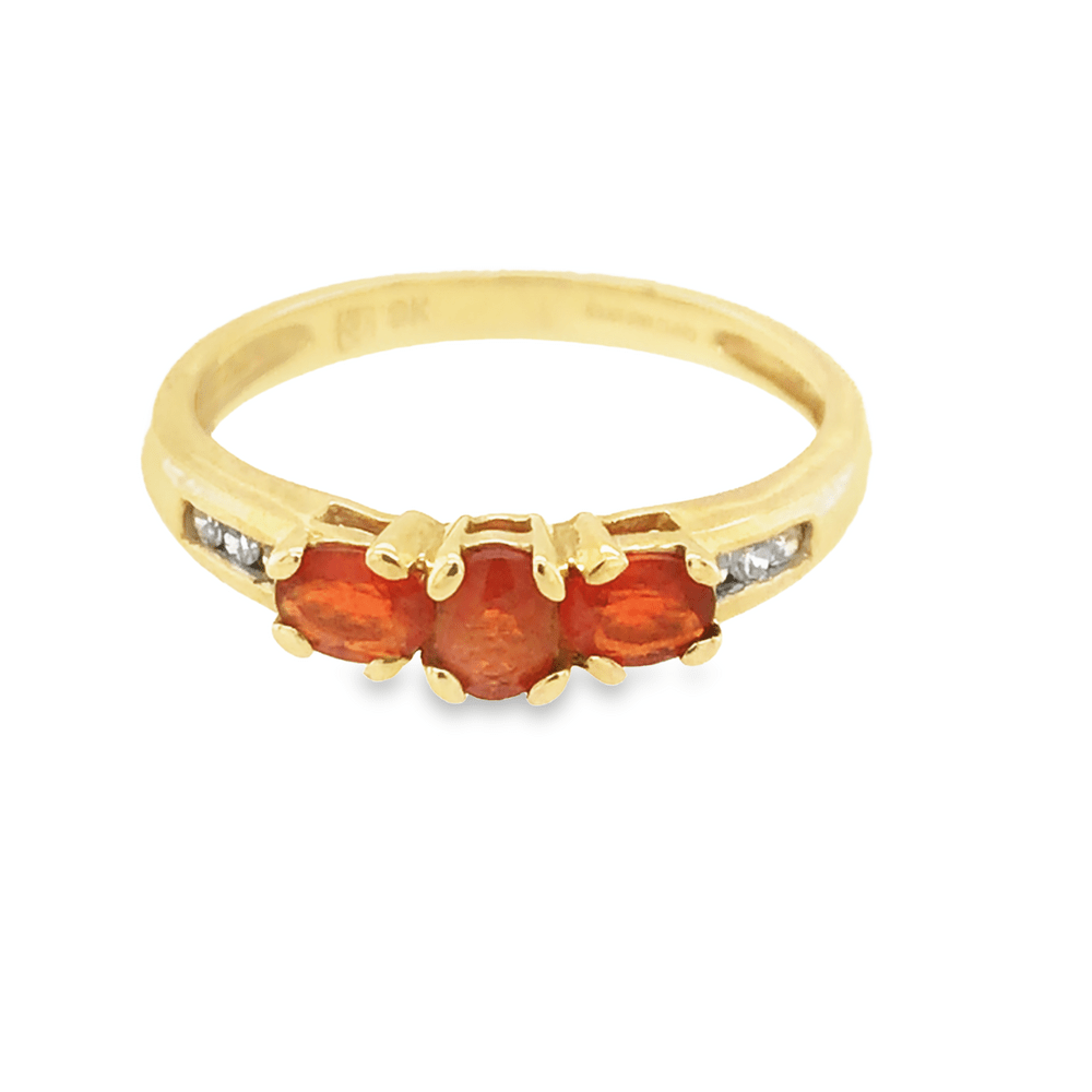 Pre - Owned 9ct Yellow Gold Fire Opal & Diamond Set Trilogy Ring