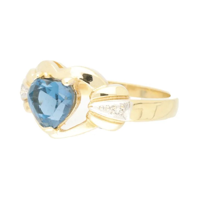 Pre - Owned 9ct Yellow Gold Heart Cut Blue Topaz & Diamond Openset Ring2025W14-1-1