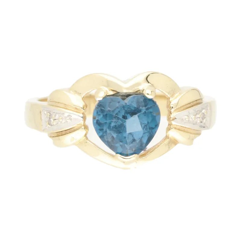 Pre - Owned 9ct Yellow Gold Heart Cut Blue Topaz & Diamond Openset Ring2025W14-1-1