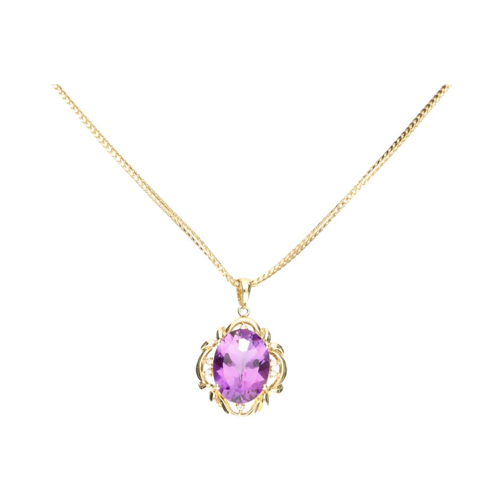 Pre - Owned 9ct Yellow Gold Large Amethyst & Diamond Set Pendant on Foxtail Chain 20inch