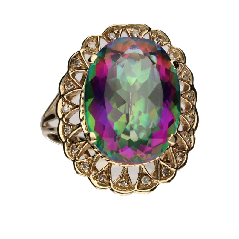 Pre - Owned 9ct Yellow Gold Large Oval Cut Mystic Topaz & Diamond Set Dress Ring