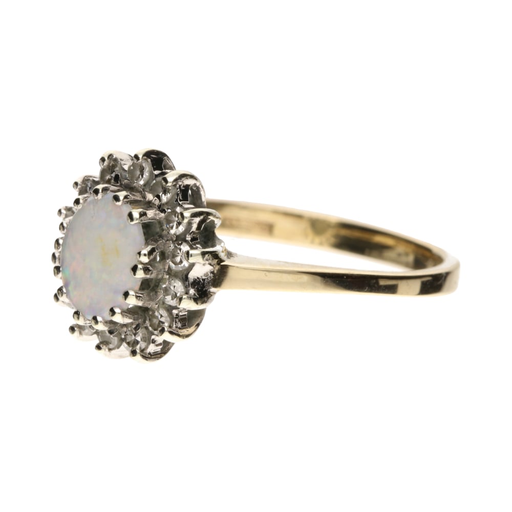 Pre - Owned 9ct Yellow Gold Oval Cut Opal & Diamond Halo Cluster Ring