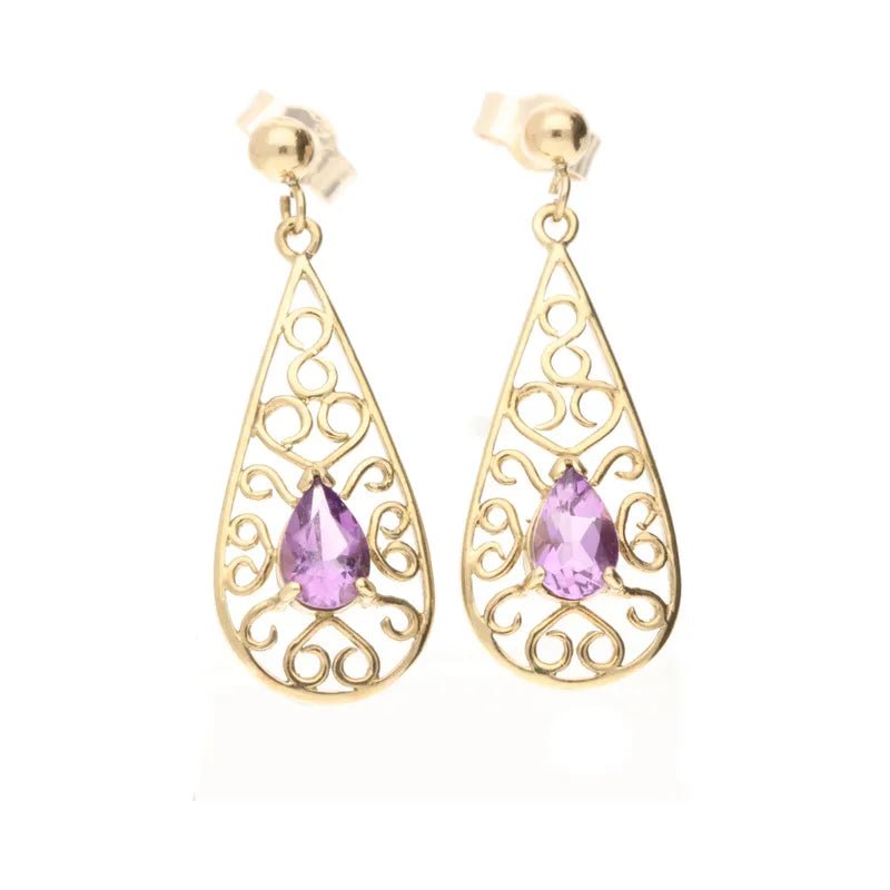 Pre - Owned 9ct Yellow Gold Pear Cut Amethyst Set Drop Earrings2025W14-21-7