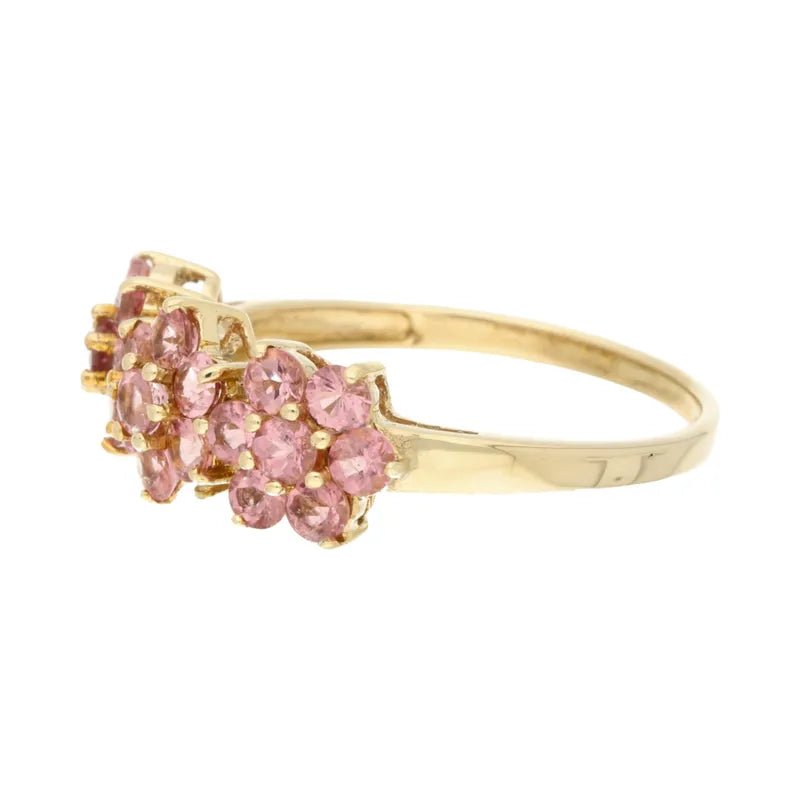 Pre - Owned 9ct Yellow Gold Pink Stone Triple Flower Cluster Ring2025W16-16