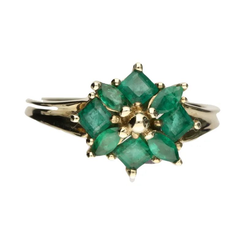 Pre - Owned 9ct Yellow Gold Princess & Marquise Cut Emerald Cluster Ring268513