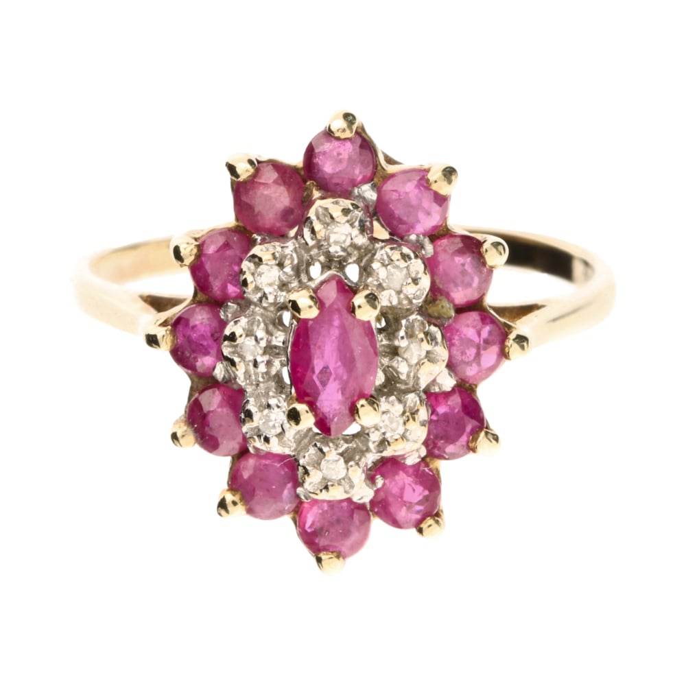 Pre - Owned 9ct Yellow Gold Ruby & Diamond Cluster Ring