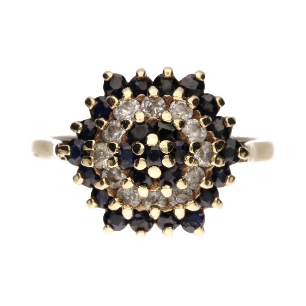 Pre - Owned 9ct Yellow Gold Sapphire & CZ Cluster Ring