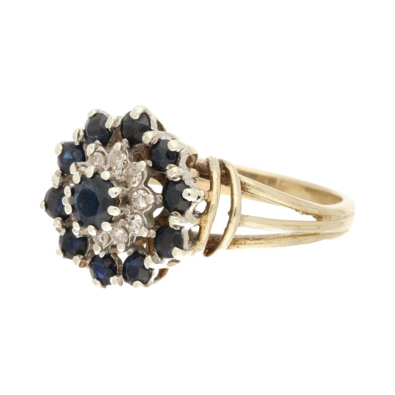 Pre - Owned 9ct Yellow Gold Sapphire & Diamond Cluster Ring