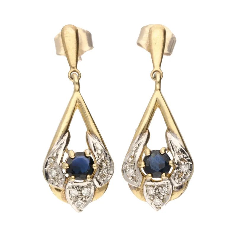 Pre - Owned 9ct Yellow Gold Sapphire & Diamond Set Drop Earrings2025W14-23-7