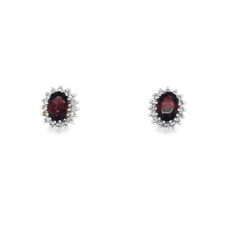 Pre - Owned 9ct Yellow/White Two Tone Garnet & Diamond Oval Cluster Stud Earrings