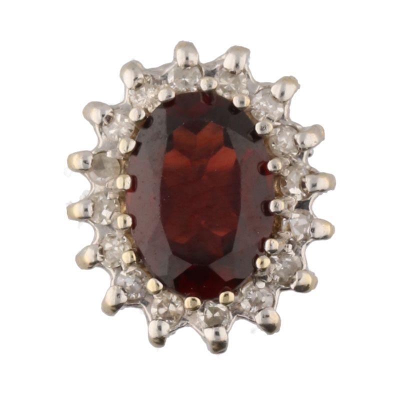 Pre - Owned 9ct Yellow/White Two Tone Garnet & Diamond Oval Cluster Stud Earrings