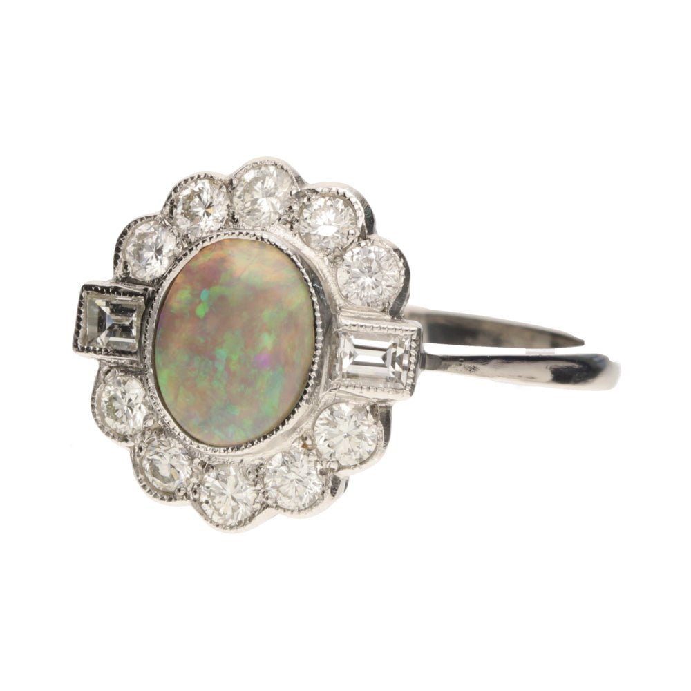 Pre - Owned Platinum Opal & Diamond Cluster Vintage Style Ring