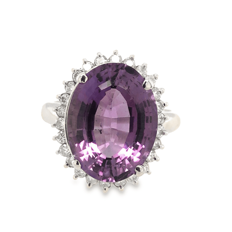 Pre - Owned Platinum Oval Amethyst & Diamond Cluster Ring,