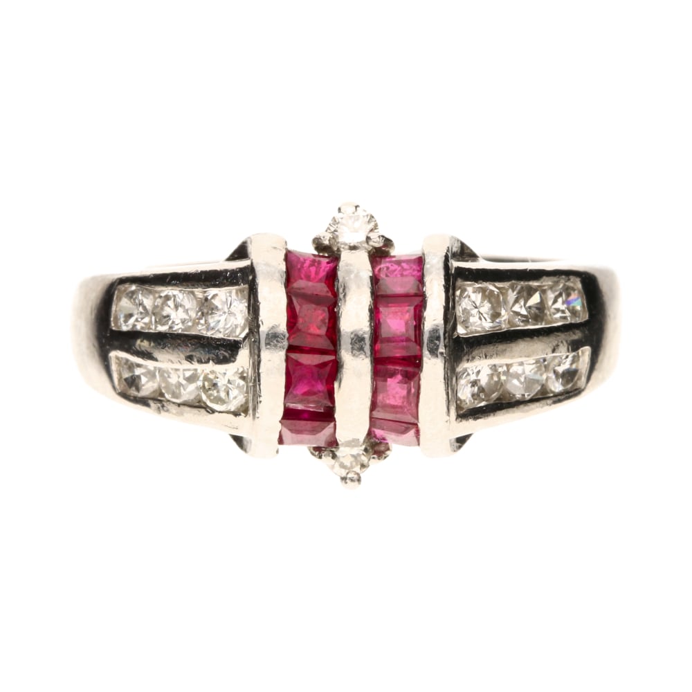 Pre - Owned Platinum Ruby & Diamond Cluster Ring