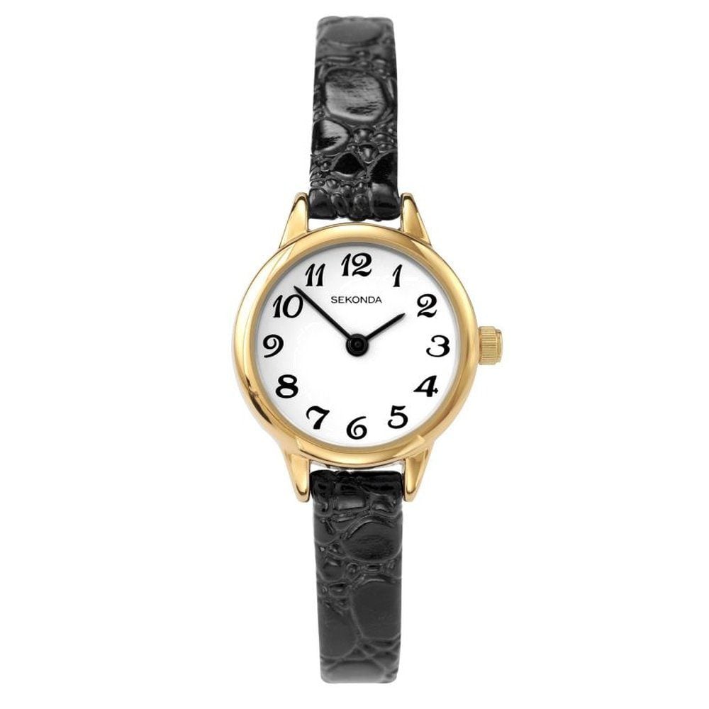 Sekonda Ladies Classic Watch with Black Leather Strap, Gold Case & White Dial 4473.27
