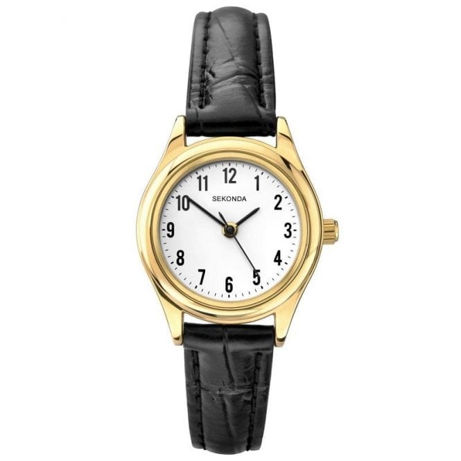Sekonda Ladies Easy Read Watch with Black Leather Strap, Gold Case & White Dial 4493.27