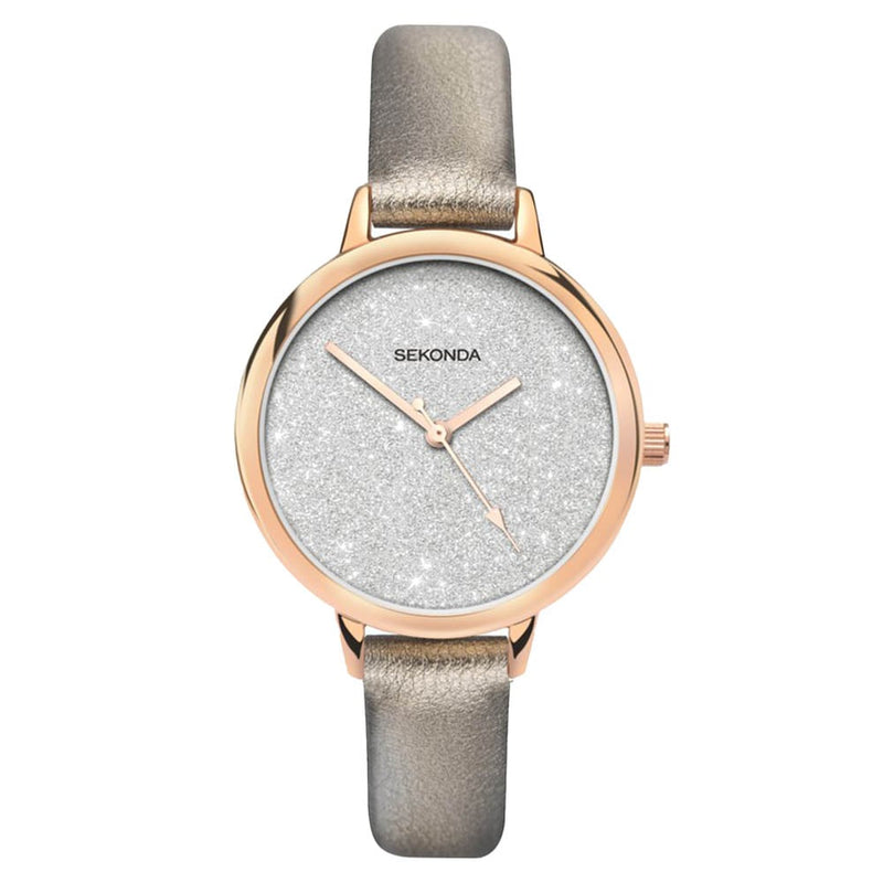Sekonda Ladies Modern Silver Leather Strap Watch 40023.27