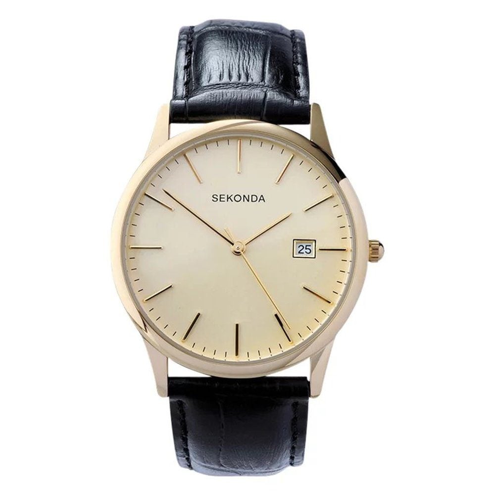 Sekonda Mens Classic Watch with Black Leather Strap & Gold Dial 3697.27
