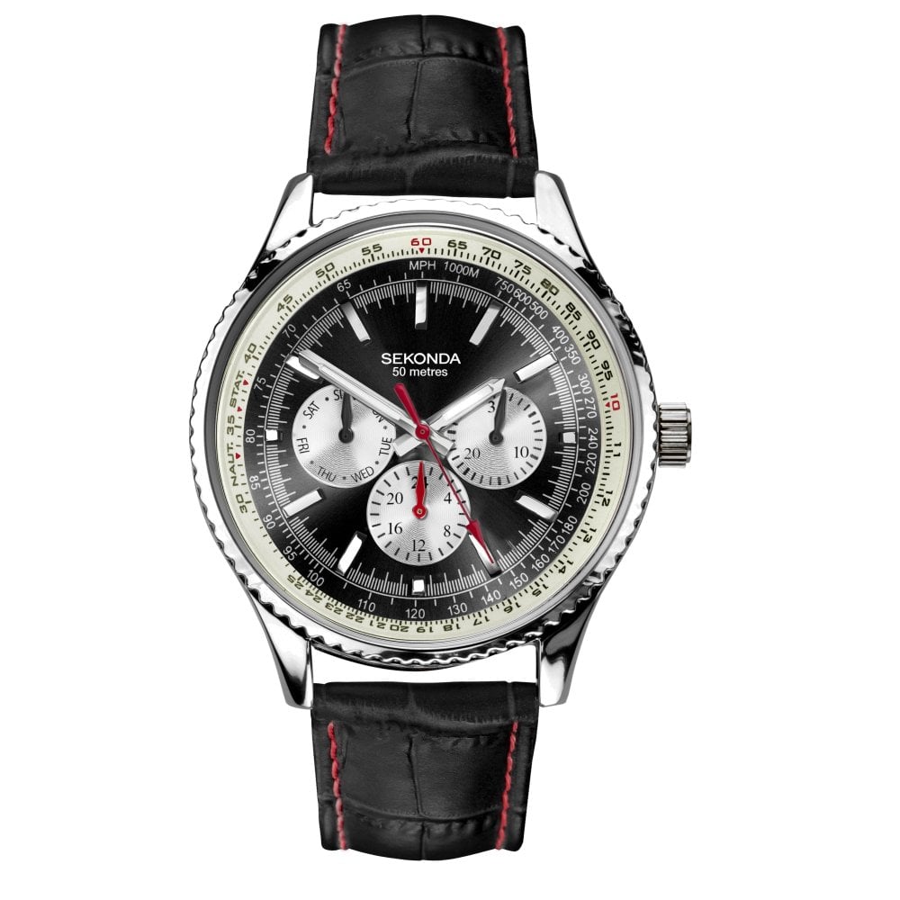 Sekonda Mens Maverick Black Leather Strap with Black Dial Watch 30035.27